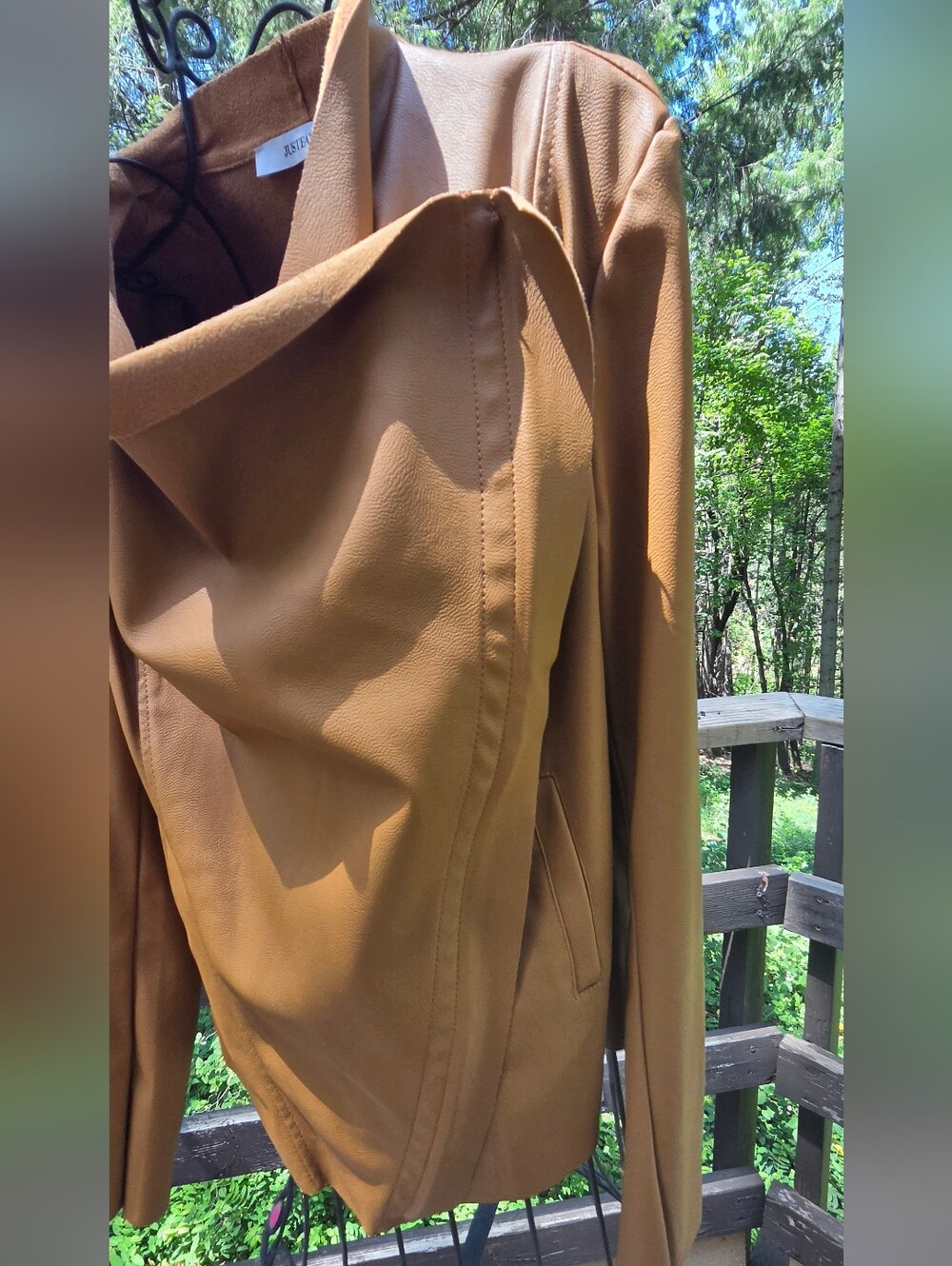 JustFab Cognac Brown/tan Faux Suede Draped Leather Jacket SzL - Picture 9 of 13